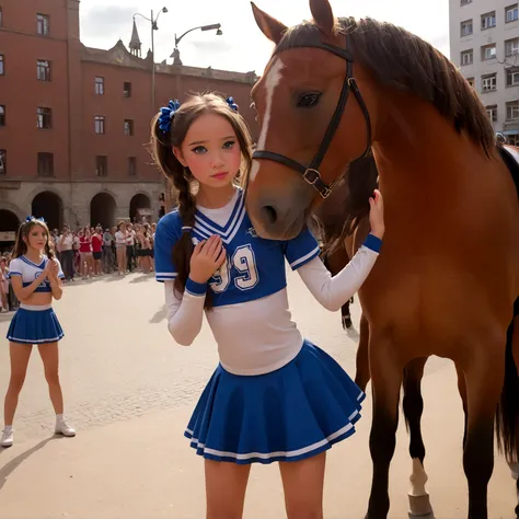 draw a little pre-primary school girl dressed as a cheerleader, cum on face, she is in a public square next to a big horse holdi...