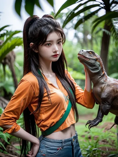 Chica linda como wang yiren, in jurassic park jurassic park with a little dinosaur.