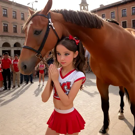 draw a little pre-primary school girl dressed as a cheerleader, cum on face, she is in a public square next to a big horse holdi...