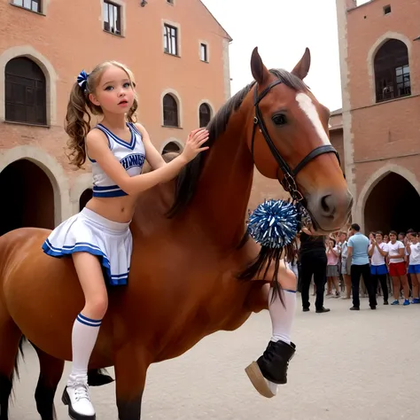 draw a little pre-primary school girl dressed as a cheerleader, cum on face, she is in a public square next to a big horse holdi...