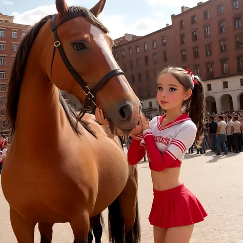 draw a little pre-primary school girl dressed as a cheerleader, cum on face, she is in a public square next to a big horse holdi...