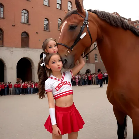 draw a little pre-primary school girl dressed as a cheerleader, cum on face, she is in a public square next to a big horse holdi...