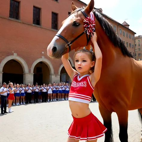 draw a little pre-primary school girl dressed as a cheerleader, cum on face, she is in a public square next to a big horse holdi...