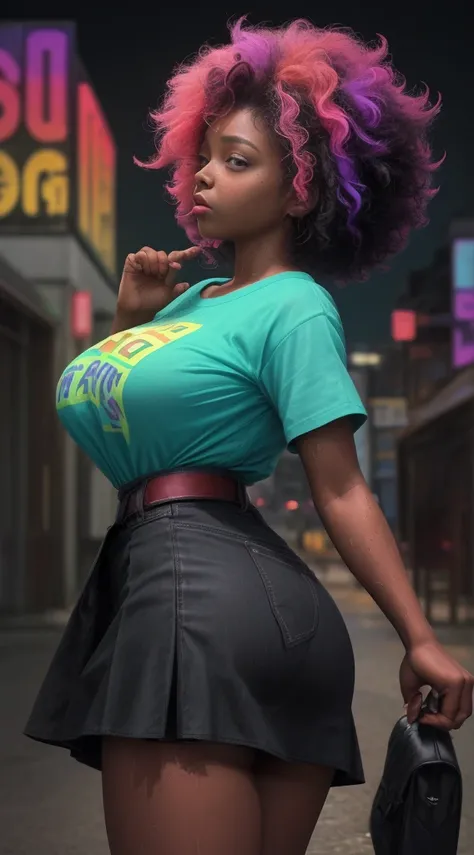 1 18 year old African American girl in profile,skirt short, shirt wet, holding big breasts, short curly hair color colorful rainbow , background city night neon vivid colors stormy weather, destini, ebony, slim thick fat ass