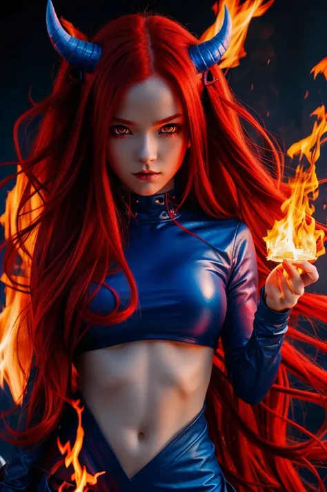 A demon anime girl with long red hair and blue and red horns with fire background and blue and red eyes ,detailed.