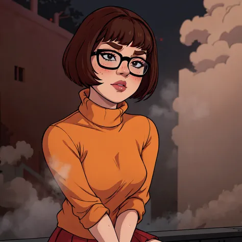 1girl, velma from scooby-doo, solo, skinny, brown hair, black eyes, square glasses, orange turtleneck blouse and red skirt,  eye...