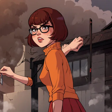 1girl, velma from scooby-doo, solo, skinny, brown hair, black eyes, square glasses, orange turtleneck blouse and red skirt,  eye...