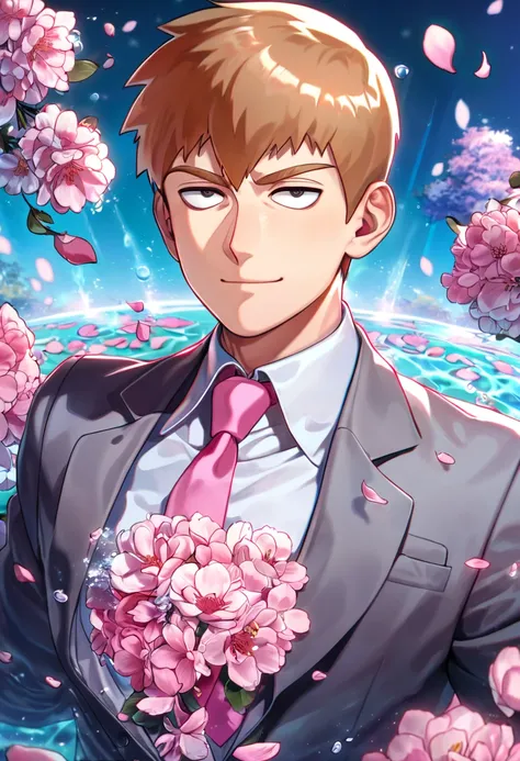 Ultra detailed, Highres, absurdres, HDR, Reigen Arataka, short reddish-blond hair, expressive dark brown eyes, MOB PSYCHO 100, fantasy, petals, dark grey business suit with a pink tie, handsome, sexy man, solo, very detailed eyes and face, master piece, pi...