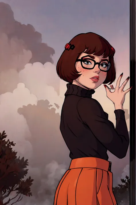 1girl, velma from scooby-doo, solo, skinny, brown hair, black eyes, square glasses, orange turtleneck blouse and red skirt,  eye...