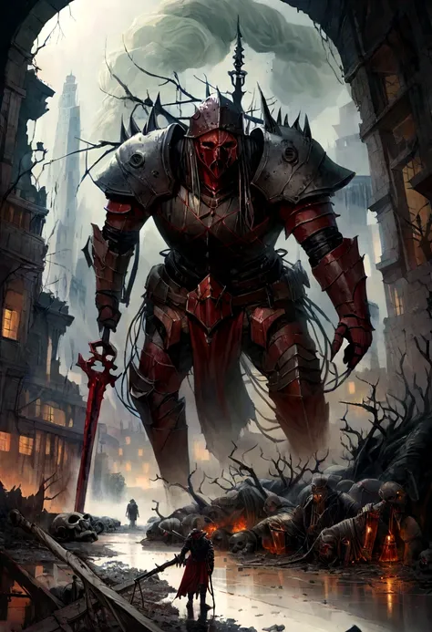 metal maden male chaos warrior of khorne in armor is holding a great sword in a ruined post-apocalyptic city, sci-fi, fantasy, horror, skulls on the ground, blood, Tornado, Roman, Empty chairs,Tangled roots,Key, Warped,Mangled,Ethereal, (Isolation:1.1), (G...