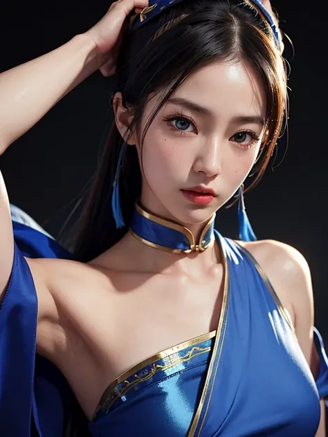 Chun-Li from Street Fighter 2。。Blue Chinese costume。Highest quality, masterpiece, Ultra-high resolution, (Realistic:1.4), RAW Photos, One Girl, Off the shoulder, In the Dark, Deep Shadow, moderate, Cold Light Bust Top、