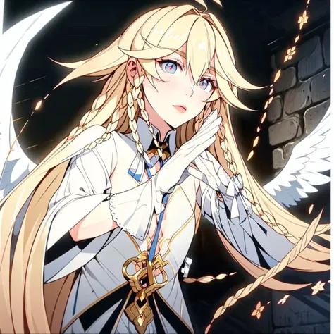 very dark image, angel, injured wings, white eyes, blonde hair, dark alley of the city, leaning on the walls, seriously injured.