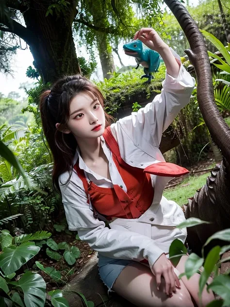 chica linda como wang yiren, in jurassic park jurassic park with a little dinosaur.