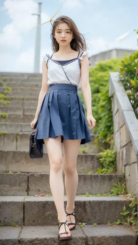 ((Viewing angle from below、Highest quality、masterpiece、32k、Every detail))、Descend the outdoor stairs、commute、Systemic symptoms、Traditional navy blue sailor uniform、White blouse、Pleated skirt、(((A strong wind blows my hair and skirt away:1.62)))、(( I always...