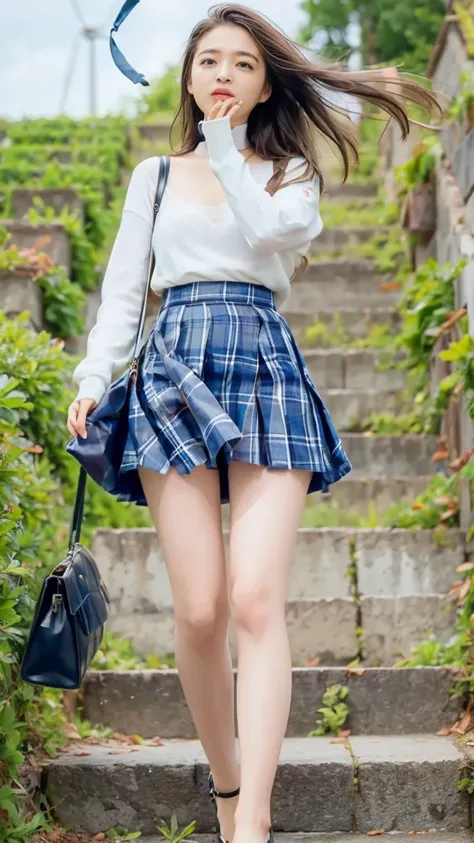 ((Viewing angle from below、Highest quality、masterpiece、32k、Every detail))、Descend the outdoor stairs、commute、Systemic symptoms、Traditional navy blue sailor uniform、White blouse、Pleated skirt、(((A strong wind blows my hair and skirt away:1.62)))、(( I always...