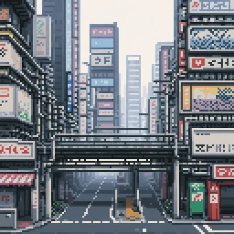 pixel art, 258 bits, sheet of various empty 2d side buildings and overpasses in shinjuku with buildings behind