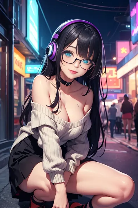 ((best quality)), ((masterpiece)), ((detailed eyes)), perfect face, female, gamer girl, ((aqua eyes)), cherry-red lips, light smile, long black hair, purple streaked hair, wearing headphones, bangs, ribbon, choker, nerdy glasses, she is wearing white off-s...