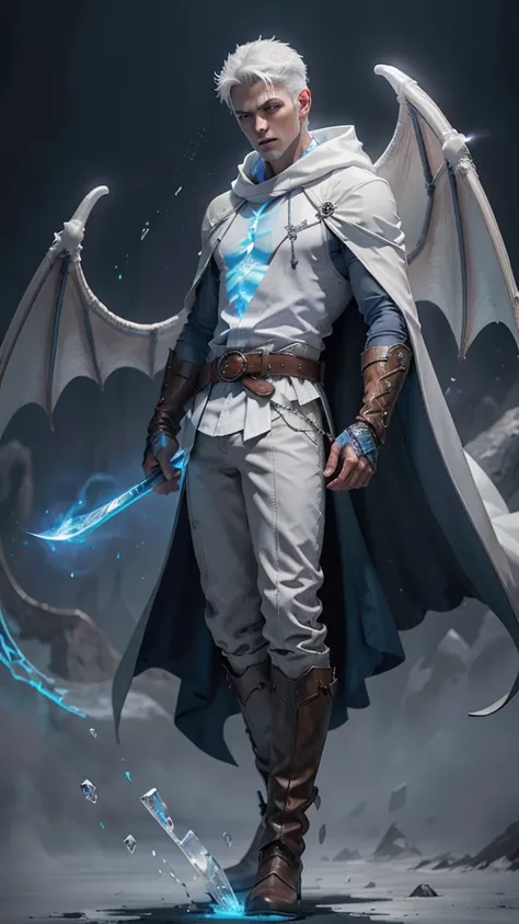 Design 1wizard man shooting a ice beam. Young man with a transparent hooded cape.Light gray hair. Glowing white eyes Wearing a white button-down shirt Wearing blue pants Wearing a brown belt Wearing short brown boots Wearing blue gloves on your hands. Drag...