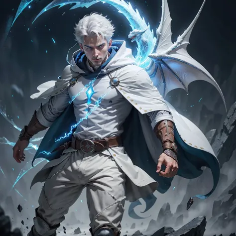 design 1wizard man shooting a ice beam. young man with a transparent hooded cape.light gray hair. glowing white eyes wearing a w...