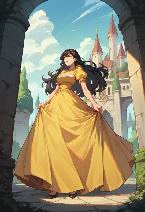 Black hair woman wearing yellow dress in a castle 