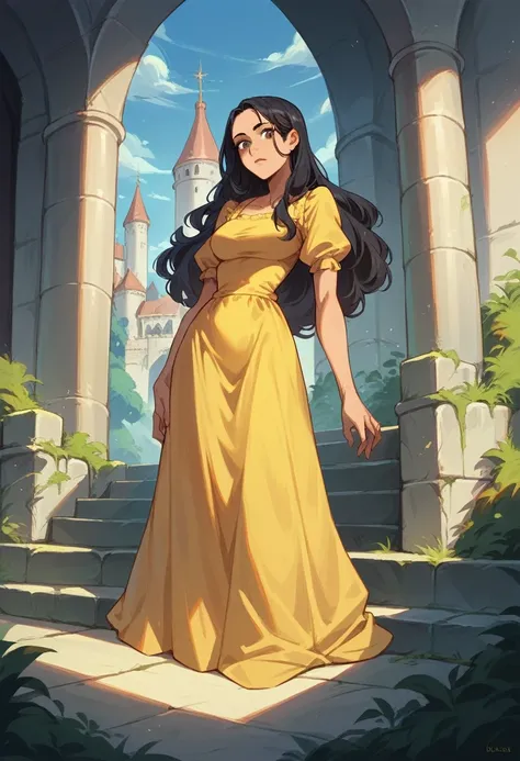 Black hair woman wearing yellow dress in a castle 