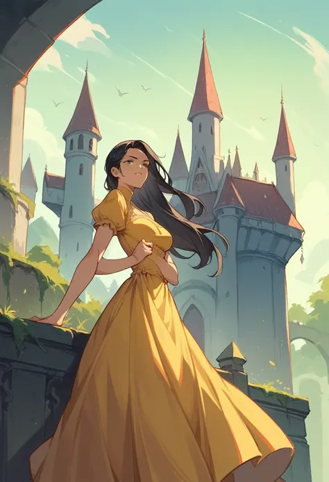 Black hair woman wearing yellow dress in a castle 