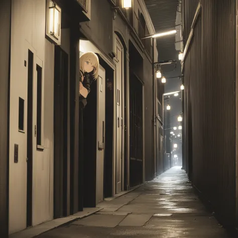 very dark image, angel hiding, wings, white eyes, blonde hair, dark alley in the city