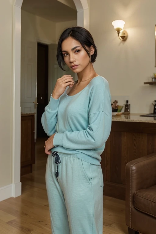 Women, 175 cm, 60 kg, Colombian Latin traits, defined bone structure, Oval face, high cheekbones, contoured jaw, big light eyes (blue or green), short shoulder length black hair. Hyperrealistic full body photography in coffee. casual clothing style "old mo...