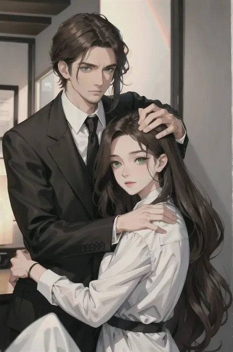 1 handsome man wearing a black suit,expressive eyes,with short, dark hair falling lightly across her forehead,hugging his wife who has wavy brown hair,expressive green eyes