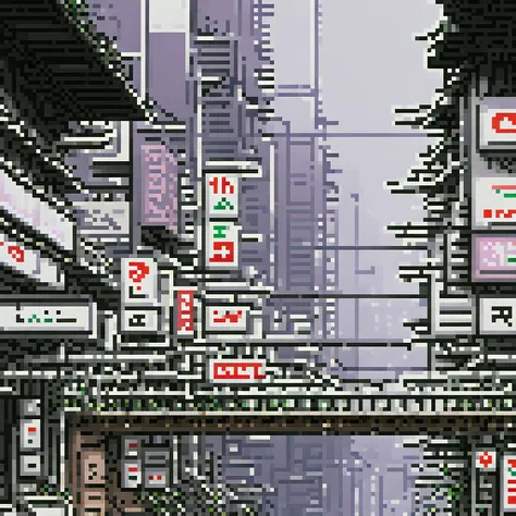 pixel art, 258 bits, sheet of various buildings and overpasses from bottom to top 2d empty in shinjuku with buildings behind