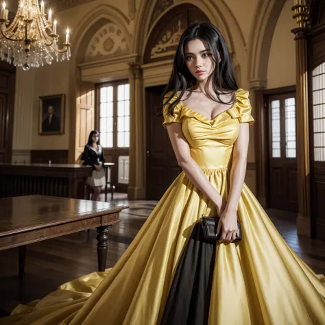 Black hair woman wearing yellow dress in a castle 