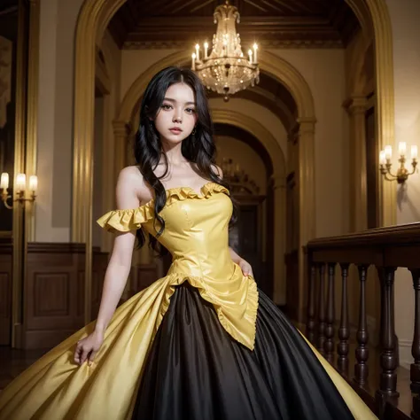 Black hair woman wearing yellow dress in a castle 