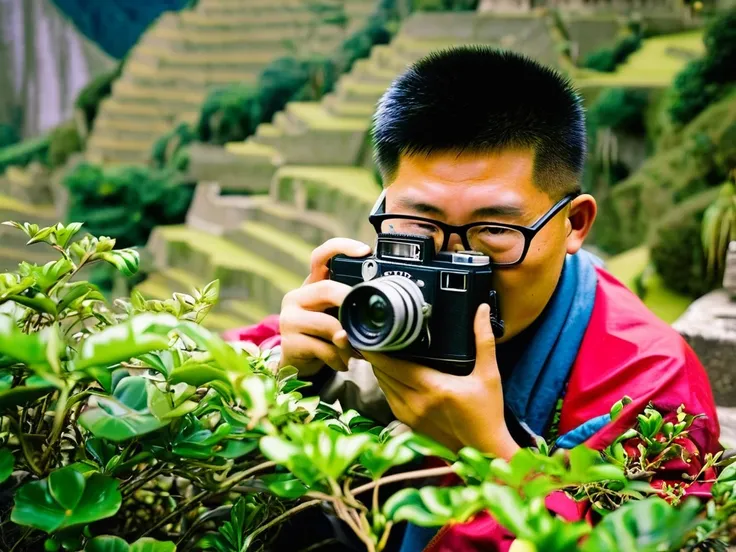 raw photo, masterpiece, A (((chinese nerd))) hiding in bushes with a old kodak camera at macchu Pichu  adobe rgb, professional photography