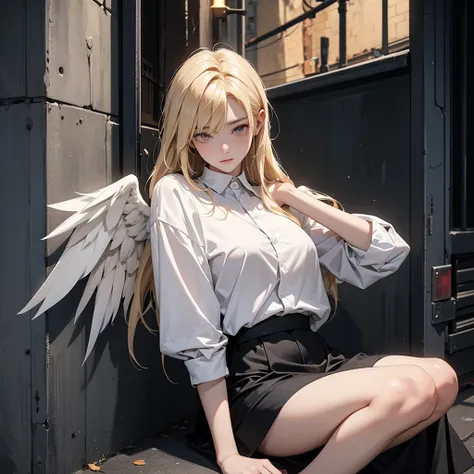 woman , very dark image, angel, injured wings, white eyes, blonde hair, dark alley of the city, leaning on the walls, seriously injured.