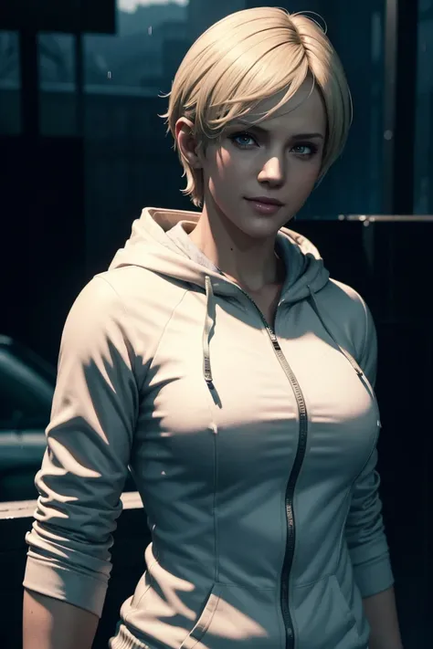 Resident Evil 6,Shelley,Short Hair,Blonde Hair,White hoodie,Cold protection,neck warmer,Photorealistic,Ultra HD,high quality,masterpiece,Digital SLR,Detailed details,Intricate details,Anatomical basis,Depicted in detail,A detailed face,Realistic skin textu...