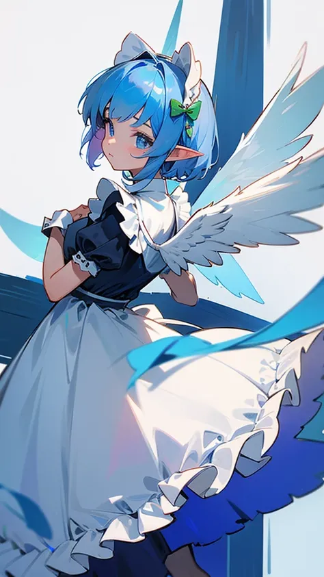 Adopt, angel girl, elf ears, long maid dress, lots of bows and ruffles, big wings, short blue hair,