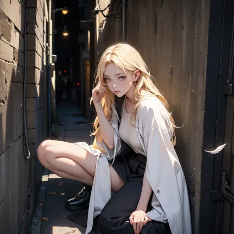 woman , very dark image, angel, injured wings, white eyes, blonde hair, dark alley of the city, leaning on the walls, seriously injured.