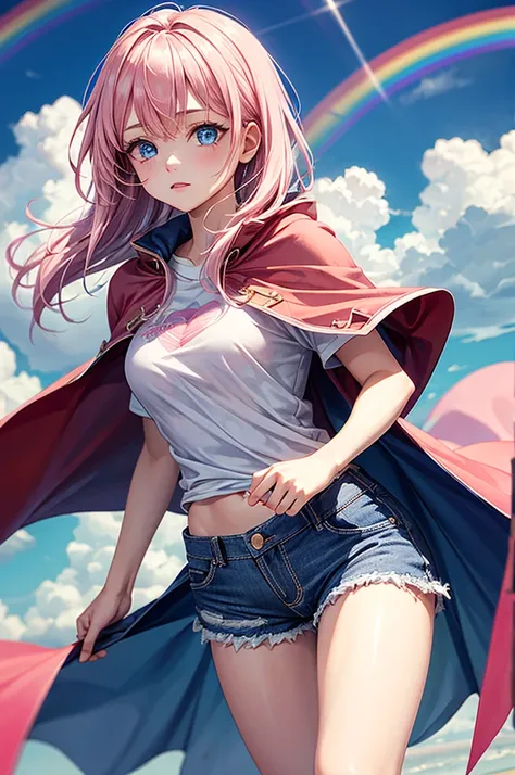 ((best quality)), ((masterpiece)), (detailed), 1girl, Pink hair, blue eyes, white t shirt with rainbow on it, blue Jean shorts, pink cape, standing on cloud, . Ethereal beauty. 