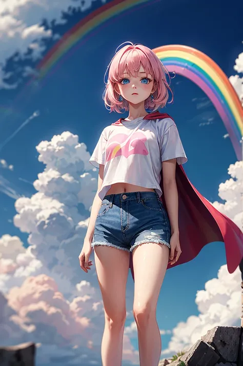 ((best quality)), ((masterpiece)), (detailed), 1girl, Pink hair, blue eyes, white t shirt with rainbow on it, blue Jean shorts, pink cape, standing on cloud, . Ethereal beauty. 