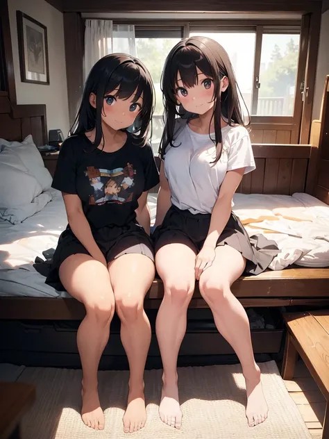 ((Highest quality)), ((masterpiece)), (detailed),Perfect Face,Strong light,With front light,Two teenage sisters with small breasts and tans are sitting side by side with their legs spread apart in the bedroom, showing the camera a close-up of their crotche...