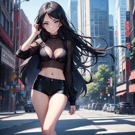 1girl, long black hair, blue eyes, wearing see through shirt, bikini shorts, city, absurdres, high res, ultrasharp, 8K, masterpiece, looking at viewer