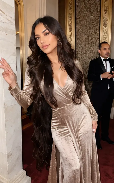 Hispanic, 1 woman, Long wavy hair, dark brown ,hyper realistic full body length in full stone brown velvet , dress up with red carpet and french nails