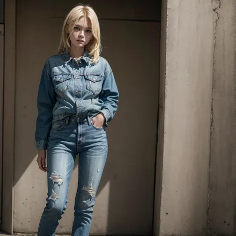 Blonde woman wearing jacket with jeans in a square 