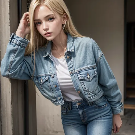 Blonde woman wearing jacket with jeans in a square 