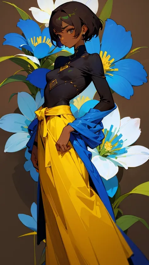 art in blue, yellow, brown colors, girl with dark skin to the waist, flowers