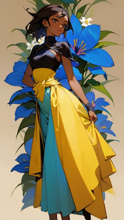 art in blue, yellow, brown colors, girl with dark skin to the waist, flowers