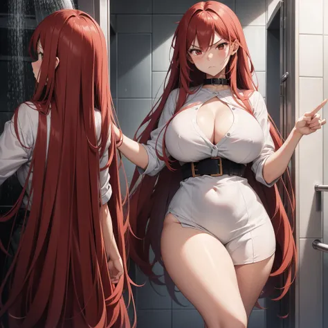 Curvy long red haired anime girl big breasts showering , annoyed angry face middle finger