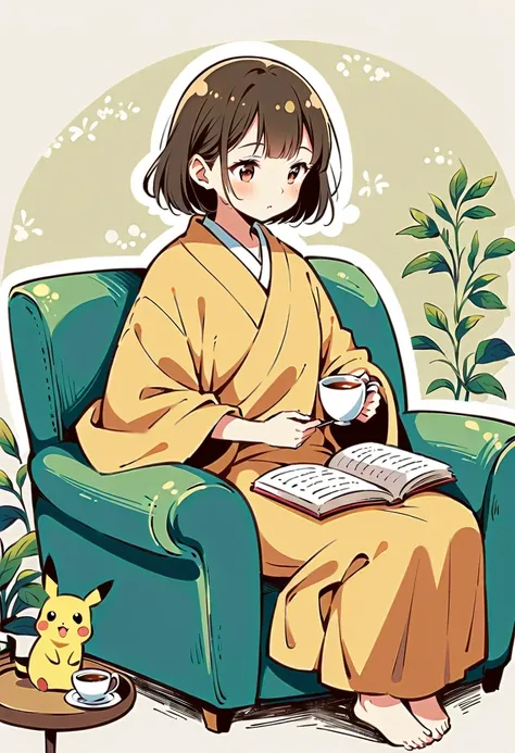 illustration of Pikachu relaxing in a cozy chair while reading a book. Pikachu should be sitting comfortably with a book open on its lap. Include a warm, inviting background with a small table holding a cup of tea and a soft blanket draped over the chair. ...