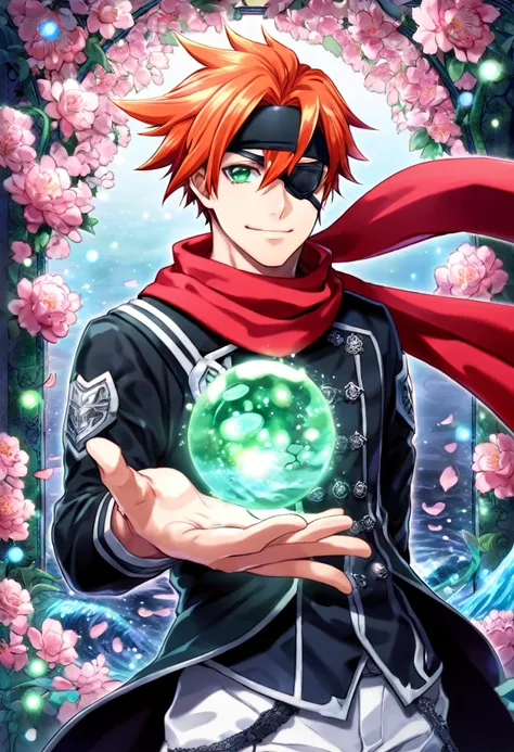 Ultra detailed, Highres, absurdres, HDR, Lavi bookman, orange hair, expressive green eye, black eye patch, D.Gray-man, red scarf, black jacket, black headband, fantasy, handsome, sexy man, solo, very detailed eyes and face, master piece, pink flowers, blos...