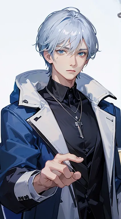 high quality、Transcendent Beautiful Boy、cool handsome guy、(shiny blue hair)、、(straight short hair)、light blue eyes、dark spot under the right eye、((black coat and silver necklace))、Jito order、clear face、Glamour